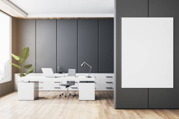 istock Modern gray office interior with blank white mock up banner on wall. 3D Rendering. 2153084836