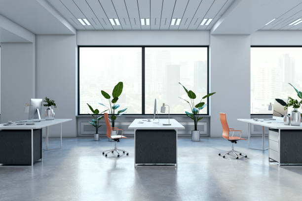 istock Modern concrete coworking office interior with panoramic windows and city view. 3D Rendering. 2153085008