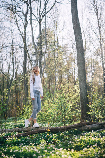 Young woman is walking along a fallen tree in a forest covered with blooming white wood anemones in spring forest. Enjoying nature. Freedom concept