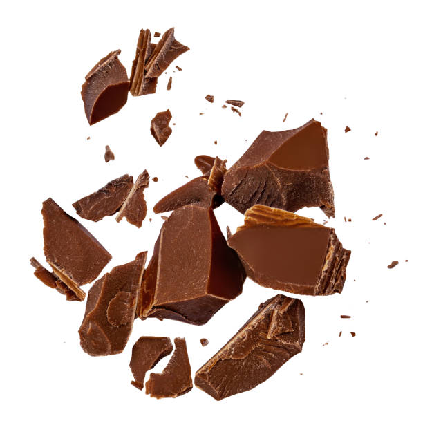istock Piece of chocolate explosion isolated on white background. Levitating dark  chocolate chunks Collection. Top view. Flat lay. Pattern 2153087000