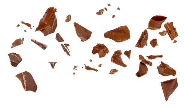 istock Broken chocolate piece explosion Dark Chocolate pieces isolated. Levitating Chocolate pieces on white background as package design elements.  2153087010