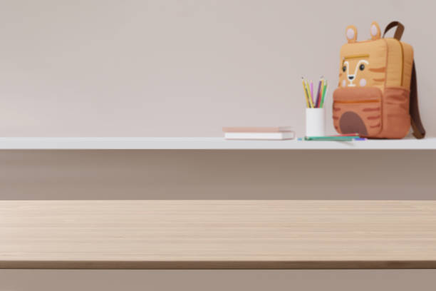 Empty wooden tabletop foreground with softly blurred background featuring school supplies, perfect for product displays and educational themes. Back to school, education concept. Desk front view. 3D.