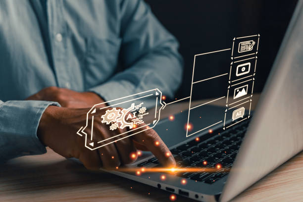 Man touch icon AI and use laptop, Marketers education, research, analyze media video streaming content creation and online marketing strategies to grow their digital business.artificial intelligence