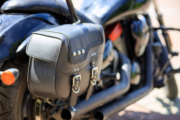 istock A black motorcycle with a leather bag on the back 2153097029