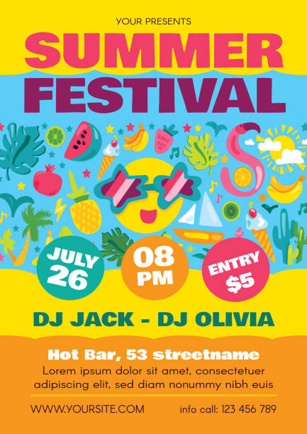 illustrazioni stock, clip art, cartoni animati e icone di tendenza di summer party festival poster vertical - festival tradizionale