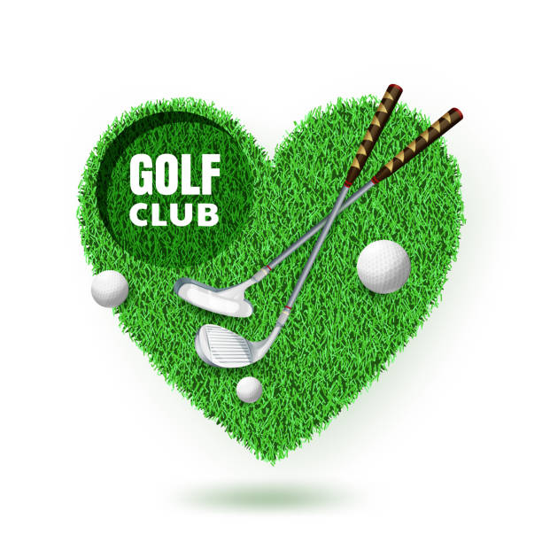 istock Golf club tournament, poster banner design template. Heart shape golf course with balls and clubs. Vector illustration 2153098605