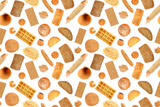 Bread and delicious, sweet pastries isolated on white background. Big seamless pattern.