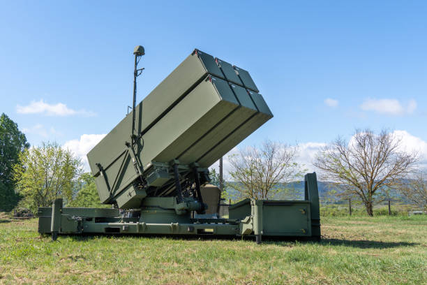 istock Modern NASAMS air defense missile system launch containers painted green 2153103420