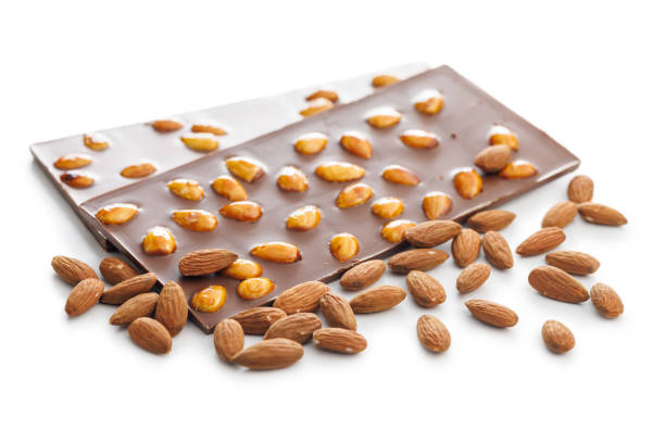 istock Chocolate bar with almonds isolated on white background. 2153114144