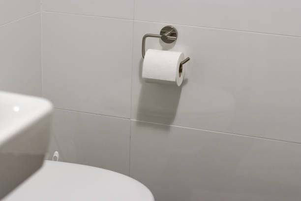 istock White toilet paper roll hanging on a modern chrome holder in bathroom 2153114689