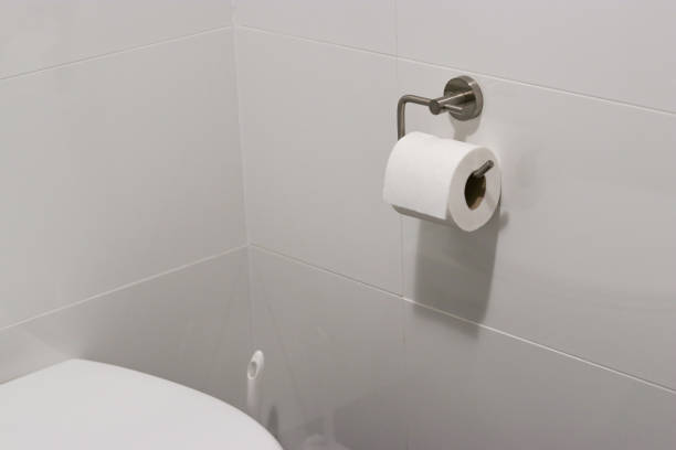 istock White toilet paper roll hanging on a modern chrome holder in bathroom 2153114709