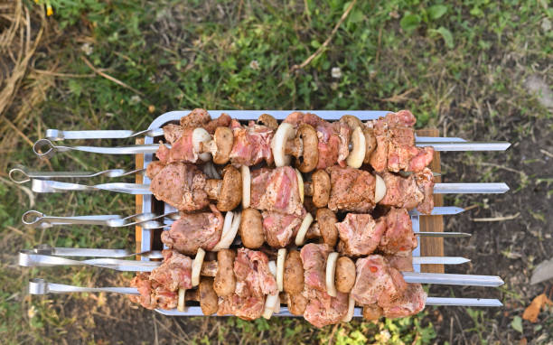 istock raw meat on skewers. close-up 2153115388