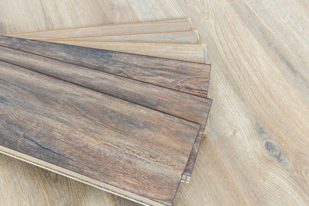 istock Wooden floor samples of laminate. Timber, laminate flooring. 2153117039