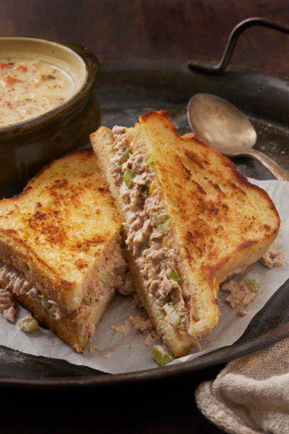 istock Tuna Melt Grilled Cheese Sandwich with Clam Chowder 2153121168