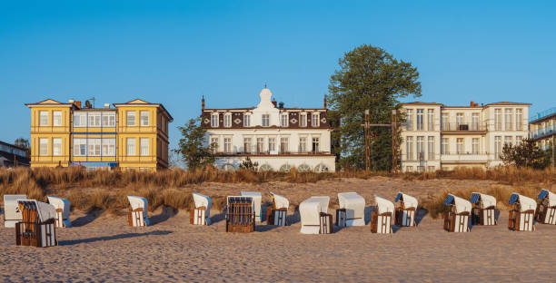 Hooded beach chairs and houses on the German Baltic coast