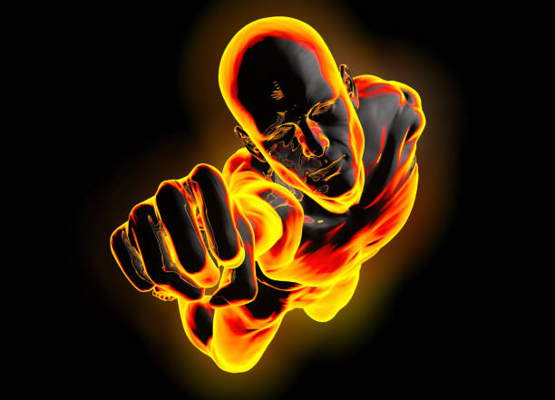 A superhero flying in space with his fist stretched forward, spreading fire. / You can see the animation movie of this image from my iStock video portfolio. Video number: 2152693326