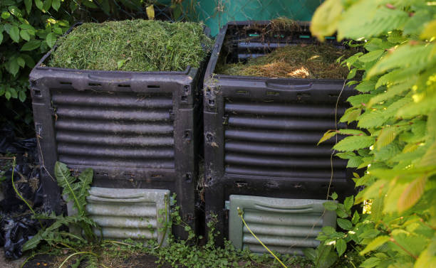 istock Garden waste compost bin with green mowing grass, outdoors in the garden 2153126798