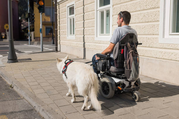 istock Man with disability with his service dog using electric wheelchair. 2153135889