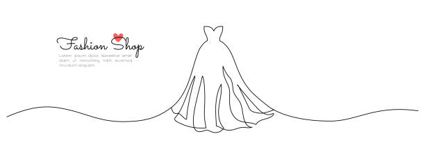 Wedding dress in one continuous line drawing. Fashion clothes symbol for bridal shop and invitation design in simple linear style. Editable stroke. Doodle outline vector illustration Wedding dress in one continuous line drawing. Fashion clothes symbol for bridal shop and invitation design in simple linear style. Editable stroke. Doodle outline vector illustration. fashion designer logos images stock illustrations