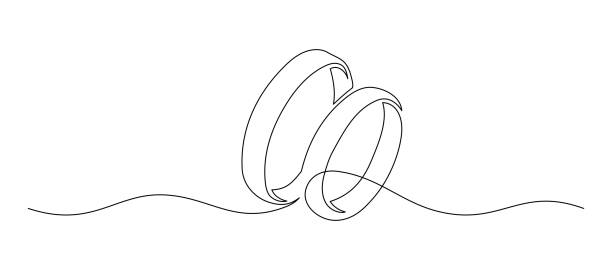 Two wedding rings in one continuous line drawing. Love and romantic concept and symbol proposal engagement for invitation in simple linear style. Editable stroke. Doodle vector illustration Two wedding rings in one continuous line drawing. Love and romantic concept and symbol proposal engagement for invitation in simple linear style. Editable stroke. Doodle vector illustration. hands of bride and bridegroom in wedding marriage ceremony stock illustrations