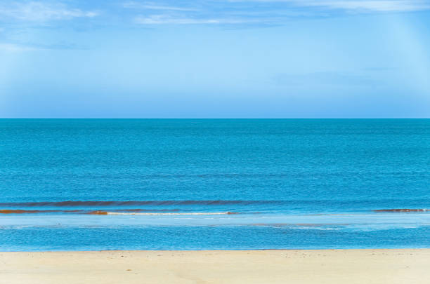 Summer vacation background, blue sky, turquoise ocean water, white sand. Ocean coast. Beach Montevideo. Uruguay, South America. copy space. Natural background for summer vacation, soft focus, space for text