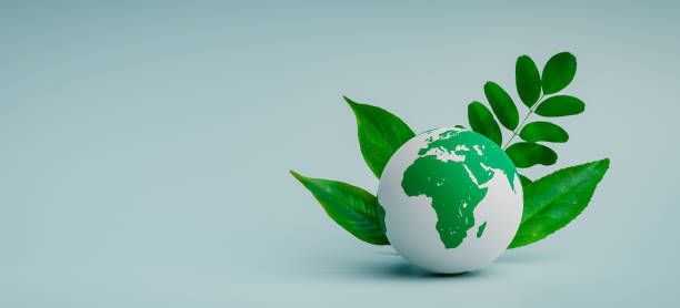 istock Eco friendly concept background with globe and leaves. 3d rendering 2153165768