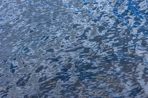 Shades of blue and grey and other colours as the light reflects on the water.