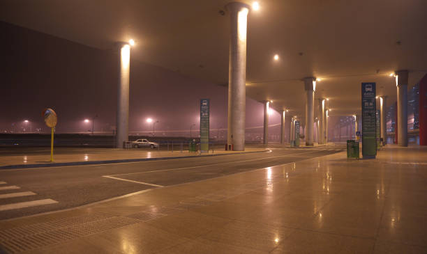 Night view of corridors in modern apartment courtyards