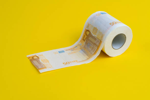 money in the form of a roll of toilet paper. Pandemic, coronavirus, essential goods, scarcity. Concept photo\