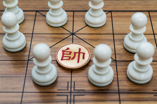 Chinese chesses and chess pawn on the board.