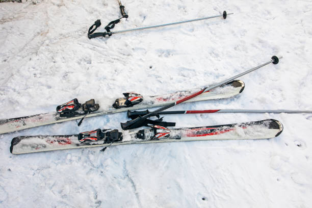 istock skis taken off on a downhill slope. Active recreation 2153174642