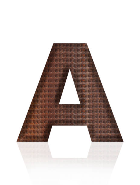 Close-up of three-dimensional rusty rebar alphabet letter A on white background.