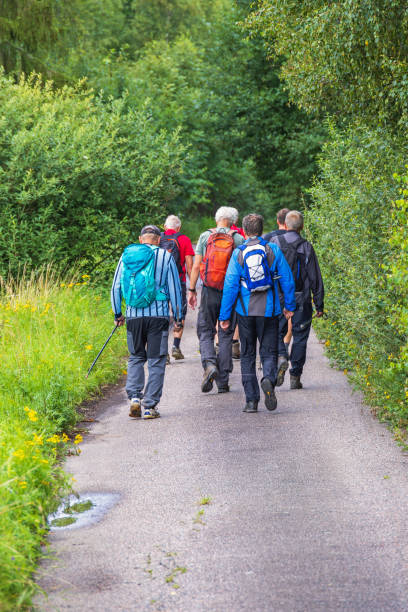 Medium shot of four adults walking along a country lane in the rural French village of Saint Antonin De Noble Val near Toulouse. They are smiling and talking as they walk, all wearing casual summer clothing on a sunny day. There is an abundance of greenery surrounding the lane.