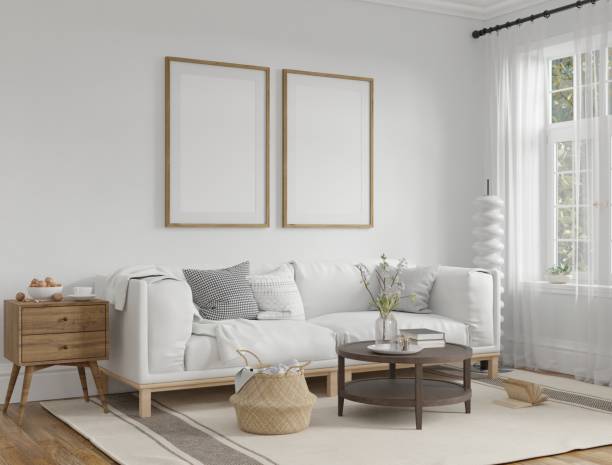 istock Mockup poster empty frame, scandinavian farmhouse room interior, background, 3d rendering. 2153178677