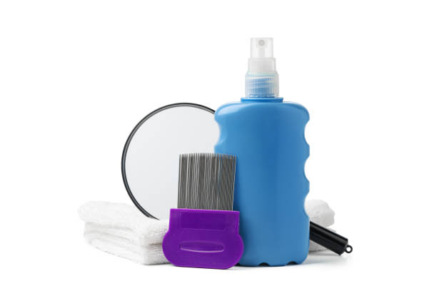 istock Cosmetic products, lice comb and magnifying glass isolated on white 2153178769