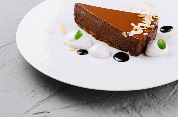 istock Gourmet chocolate tart on white plate 2153184151