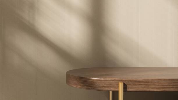 istock Minimal wooden counter table in sunlight, shadow on brown wall 2153187781