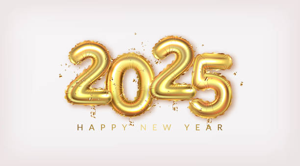 istock Happy New Year 2025 greeting card. Golden realistic balloons numbers with shadow. 2153190169
