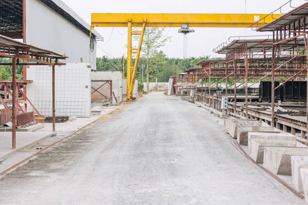 istock Precast concrete casting manufacturing plant, Cement products large construction site yard business industry. 2153190656