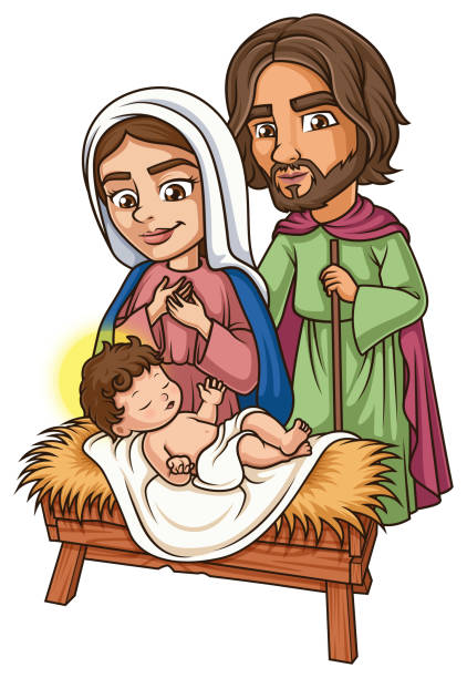 istock Virgin Mary and Joseph with baby Jesus cartoon illustration 2153191639