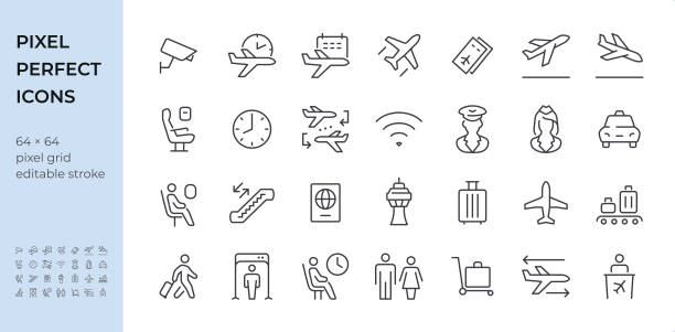 ilustraciones, imágenes clip art, dibujos animados e iconos de stock de airport icon set. editable stroke weight. pixel perfect icons. - pasajero