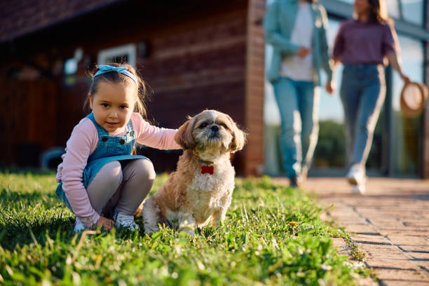 istock Cute girl with her dog outdoors looking at camera. 2153194046