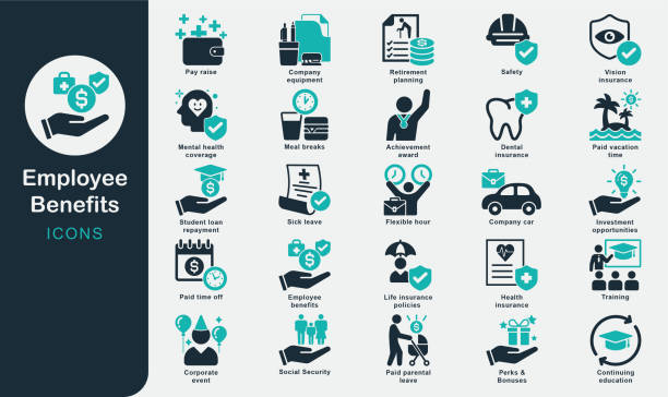 Employee Benefits solid icons.Insurance, Paid Vacation, Medical coverage, Dental insurance, Pension, Social Security, Family, Company equipment, Meal Breaks, Bonuses, Career, Sick Leave, education. Employee Benefits solid icons.Insurance, Paid Vacation, Medical coverage, Dental insurance, Pension, Social Security, Family, Company equipment, Meal Breaks, Bonuses, Career, Sick Leave, education, Company transportation, Remote work flexibility, Investment opportunities, Paid training and development, Student loan repayment benefits stock illustrations