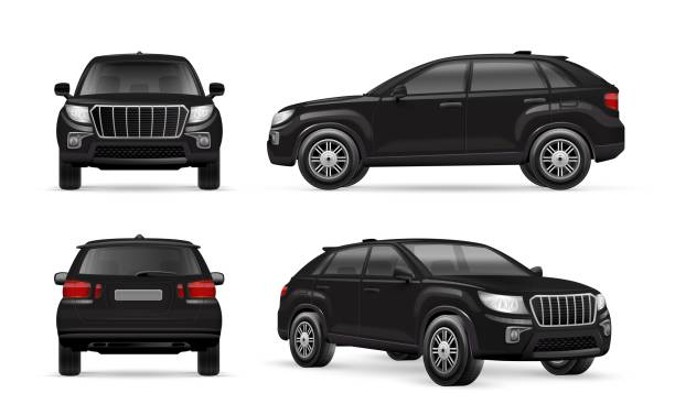 ilustraciones, imágenes clip art, dibujos animados e iconos de stock de suv negro realista. coche rover 3d, vista trasera lateral de la maqueta del automóvil 4x4 nuevo concepto de crossover, plantilla de proyecto de conducción deportiva de coches de lujo modernos, vector de ahoradayday, coche de automóvil - suv