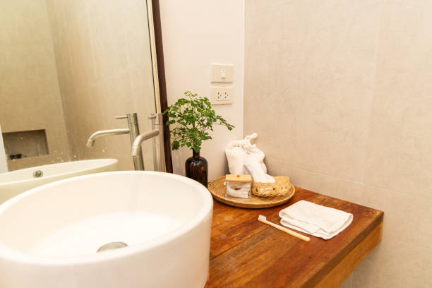 istock Minimalist Bathroom Vanity with Wooden Countertop 2153198500