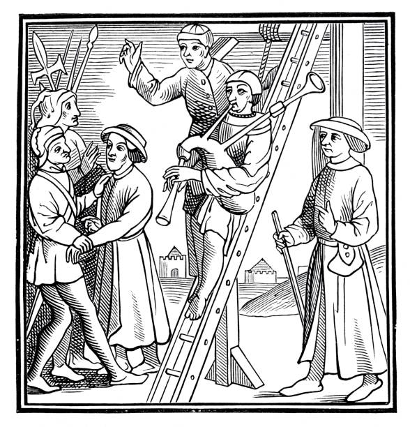 Fig. 350.  The hanging with music ( a minstrel, condemned to the gallows, obtained that one of his colleagues accompanied his execution, playing his favorite instrument on the ladder of the gallows). Facsimile of a woodcut from Doctrinal du temps present, by Michault, p. in-fol. Goth.; Bruges, around 1490.
A minstrel was an entertainer, initially in medieval Europe. It originally described any type of entertainer such as a musician, juggler, acrobat, singer or fool; later, from the sixteenth century, it came to mean a specialist entertainer who sang songs and played musical instruments.
Original edition from my own archives
Source : Moyen Age 1874