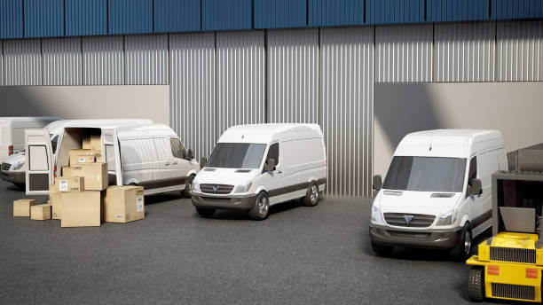 istock Busy Warehouse and or Loading Dock With Forklifts and Delivery Vans with cargo boxes 2153201193