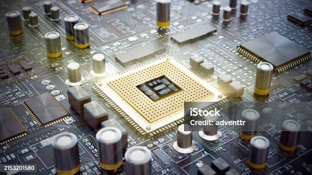 Closeup Of A Complex Computer Microchip Circuit Board With Glowing ...