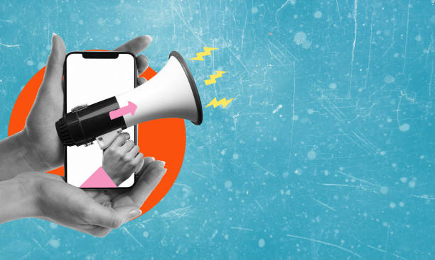 istock Art collage, contemporary art collage with megaphone image from phone with copy space. 2153204329