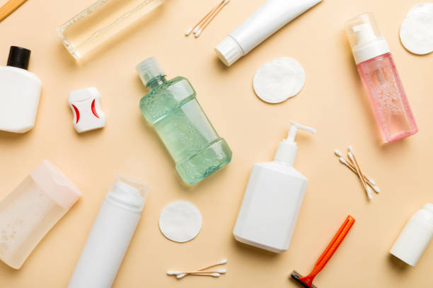 istock Mockup for bathing products top view flat lay, spa razor, toothpaste, soap, gel and other various accessories. Cosmetics for skin health. Bath Mockup for your logo 2153207810